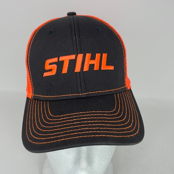 STIHL Mens Hat Trucker Baseball Cap Orange Mesh Adjustable Snap Back - Picture 1 of 6
